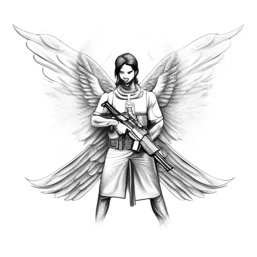 male adult angel with ak 47 in his hands tattoo design idea