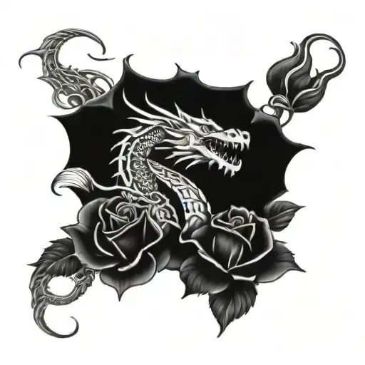 A sheet metal dragon breathing fire onto a bed of roses tattoo design idea