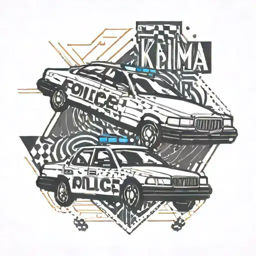 police car with dotted lines behind and in front (signaling movement). below the police car it says "Karma Police".  tattoo design idea