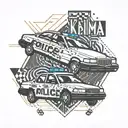 police car with dotted lines behind and in front (signaling movement). below the police car it says "Karma Police".  tattoo design idea