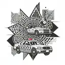 police car with dotted lines behind and in front (signaling movement). below the police car it says "Karma Police".  tattoo design idea