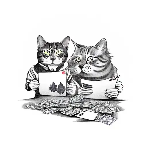 A cat and dog playing poker with stacks of money and weed leaves as chips, while wearing inline skates tattoo design idea