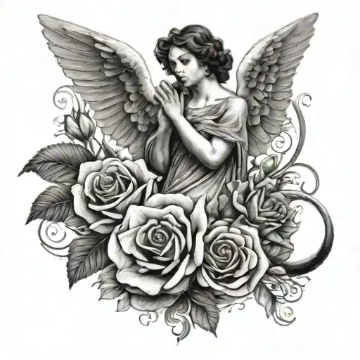 an angel and a moon in two hands and a sweet William flower and roses  tattoo design idea