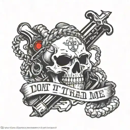 "dont tread on me" in gangster font.  black white red. evil skull hood. gun barbed wire tattoo design idea