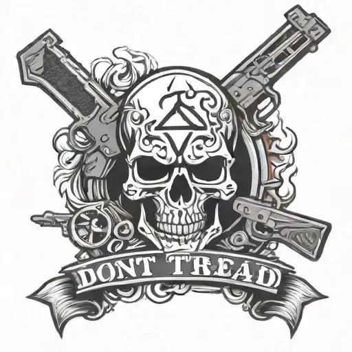 "dont tread on me" in gangster font.  black white red. evil skull hood. gun. fire tattoo design idea