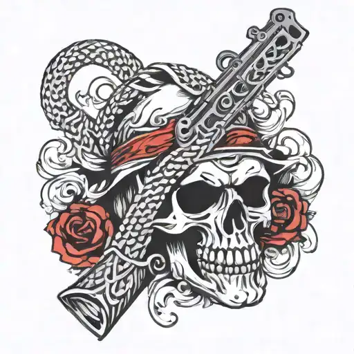 "dont tread on me" in gangster font.  black white red. evil skull hood. gun. fire tattoo design idea