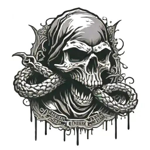 "dont tread on me" in gangster font.  black and white but put red where it will stand out. evil skull with hood. blood.  tattoo design idea