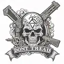 "dont tread on me" in gangster font.  black white red. evil skull hood. gun. fire tattoo design idea