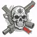 "dont tread on me" in gangster font.  black white red. evil skull hood. gun. fire tattoo design idea