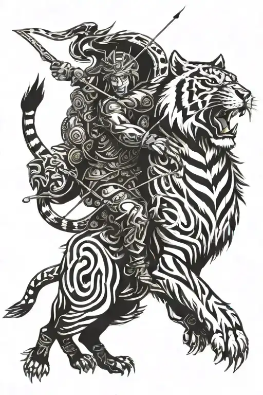 A mystical representation of a Sagittarius archer riding a fierce tiger, symbolizing power and freedom tattoo design idea