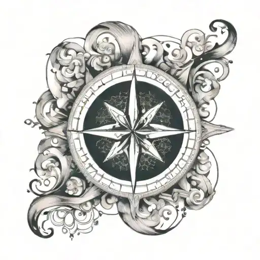 A dotwork tattoo of a compass rose surrounded by swirling air and water elements, representing the CEO's love for exploring new directions and navigating challenges in the business world tattoo design idea