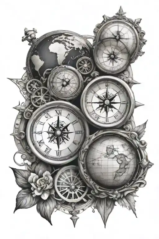 clock and compass and earth globe tattoo design idea