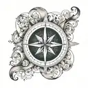 A dotwork tattoo of a compass rose surrounded by swirling air and water elements, representing the CEO's love for exploring new directions and navigating challenges in the business world tattoo design idea