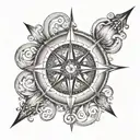 A dotwork tattoo of a compass rose surrounded by swirling air and water elements, representing the CEO's love for exploring new directions and navigating challenges in the business world tattoo design idea