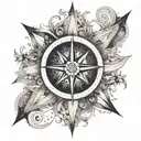 A dotwork tattoo of a compass rose surrounded by swirling air and water elements, representing the CEO's love for exploring new directions and navigating challenges in the business world tattoo design idea