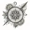 A dotwork tattoo of a compass rose surrounded by swirling air and water elements, representing the CEO's love for exploring new directions and navigating challenges in the business world tattoo design idea