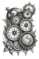 clock and compass and earth globe tattoo design idea
