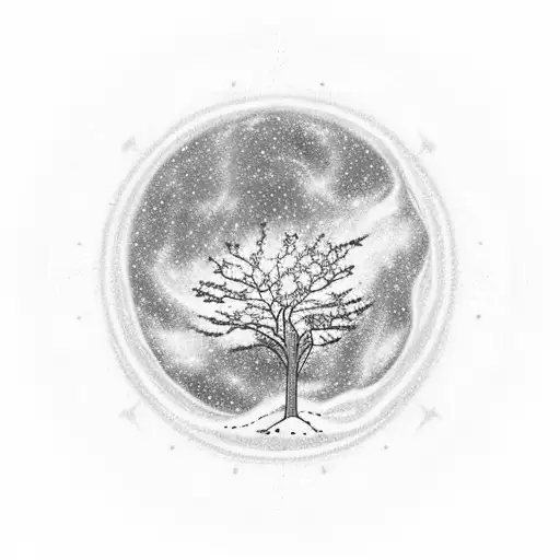 a tree among galaxes. pisces, a flight coming from iran to canada in galaxies. tattoo design idea