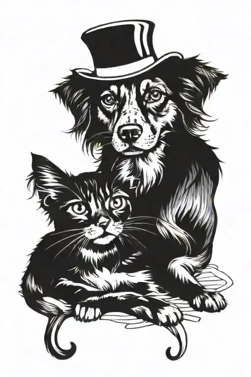 A realistic portrait of a dog and a cat cuddling together in a St. Jude themed setting, done in a blackwork style tattoo design idea