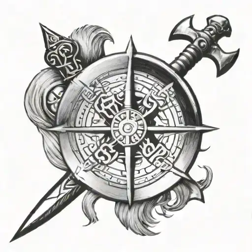 Vegvisir with viking hatchets in background  tattoo design idea