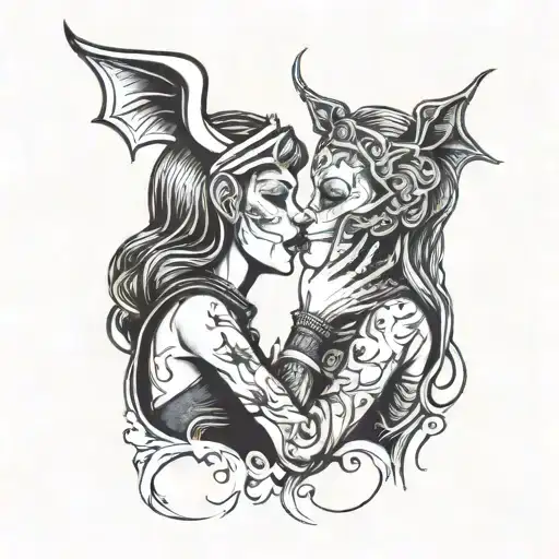 two girls kissing each other one is a nun and the other is a demon tattoo design idea