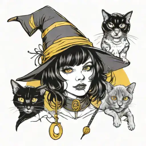 black and white sketch woman with short black hair with bangs and witch hat holding a black cat with yellow eyes  tattoo design idea