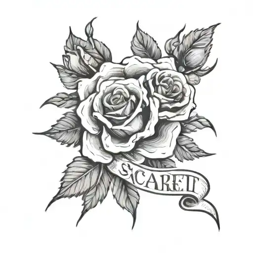 the name "Scarlett" with roses behind it tattoo design idea