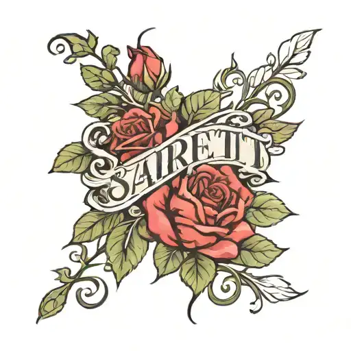 the name "Scarlett" with roses behind it from top tattoo design idea