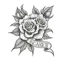 the name "Scarlett" with roses behind it tattoo design idea