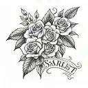 the name "Scarlett" with roses behind it tattoo design idea