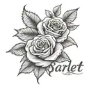 the name "Scarlett" with roses behind it tattoo design idea