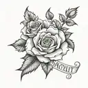 the name "Scarlett" with roses behind it tattoo design idea