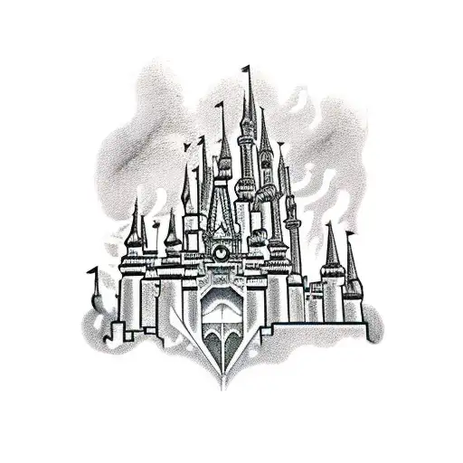 A traditional style tattoo of Cinderella's castle with lightning bolts in the background tattoo design idea