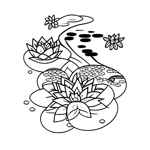 A minimalist tattoo of a Japanese garden with a pond, featuring koi fish swimming among lotus flowers and surrounded by intricate Japanese architecture. tattoo design idea