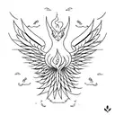 A minimalist tattoo of a phoenix rising from the ashes, surrounded by abstract shapes and lines inspired by Japanese architecture. tattoo design idea