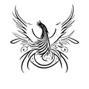 A minimalist tattoo of a phoenix rising from the ashes, surrounded by abstract shapes and lines inspired by Japanese architecture. tattoo design idea