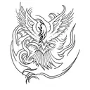 A minimalist tattoo of a phoenix rising from the ashes, surrounded by abstract shapes and lines inspired by Japanese architecture. tattoo design idea