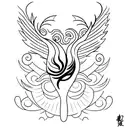 A minimalist tattoo of a phoenix rising from the ashes, surrounded by abstract shapes and lines inspired by Japanese architecture. tattoo design idea