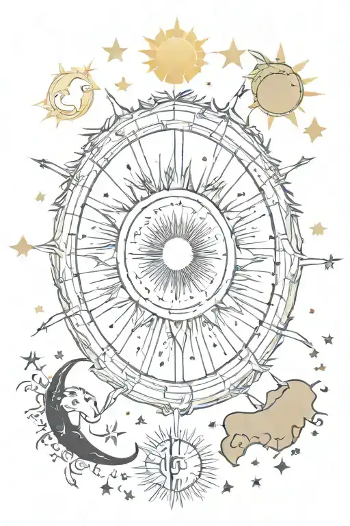 Sun and moon surrounded by gemini, taurus, cancer, virgo, scorpio, virgo, aquarius saggitarius constellations tattoo design idea