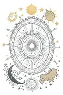 Sun and moon surrounded by gemini, taurus, cancer, virgo, scorpio, virgo, aquarius saggitarius constellations tattoo design idea