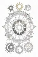 Sun and moon surrounded by gemini, taurus, cancer, virgo, scorpio, virgo, aquarius saggitarius constellations tattoo design idea