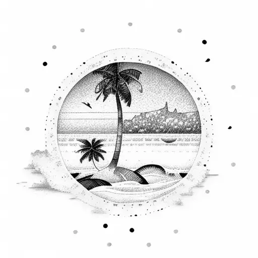 A dotwork tattoo depicting a serene beach sunset with palm trees and crashing waves tattoo design idea