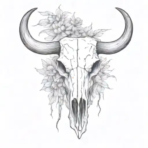 black and white rustic line work bull skull sleeve tattoo with full desert background and tumble weed  tattoo design idea