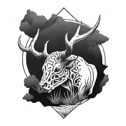 Create me a black and white sleeve tattoo that has a bull skull and a desert setting with a tumble weed  tattoo design idea