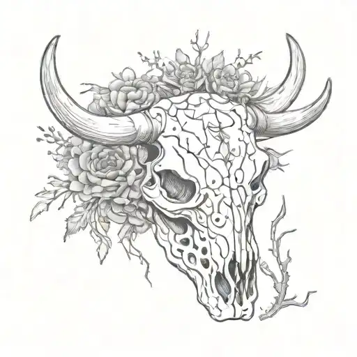 black and white rustic line work bull skull with desert scene and tumble weed  tattoo design idea