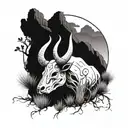 Create me a black and white sleeve tattoo that has a bull skull and a desert setting with a tumble weed  tattoo design idea