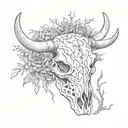 black and white rustic line work bull skull with desert scene and tumble weed  tattoo design idea