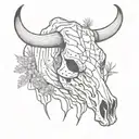 black and white rustic line work bull skull with desert scene and tumble weed  tattoo design idea