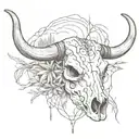 black and white rustic line work bull skull with desert scene and tumble weed  tattoo design idea