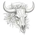 black and white rustic line work bull skull with desert scene and tumble weed  tattoo design idea